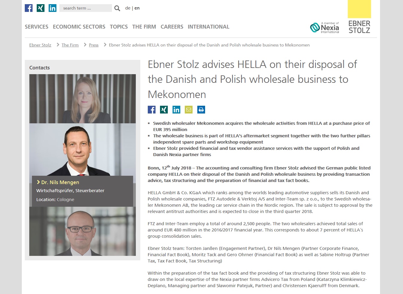 ebner - Część biznesu grupy HELLA z Polski i Danii przejęta przez Szwedzką grupę Mekonomen
